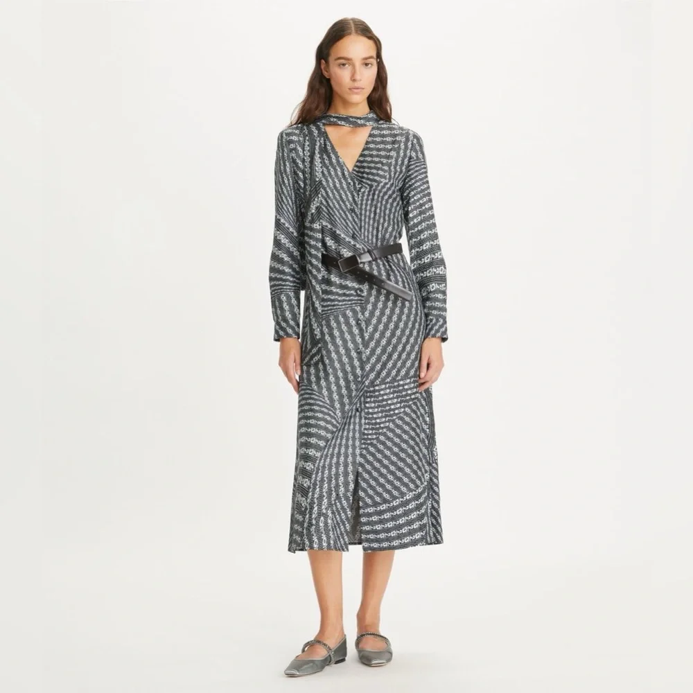 NWT $898 Tory Burch Printed Bow Blouse Dress In Black Warped Lace